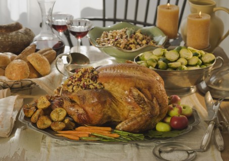 Thanksgiving dinner on table.