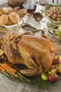 Thanksgiving dinner on table.