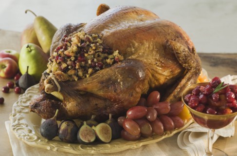Thanksgiving dinner on table.