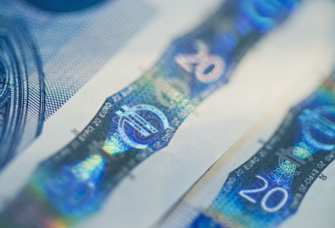 Close up of euro note holograph.