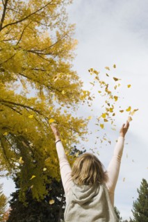 Woman throwing autumn leaves in air.