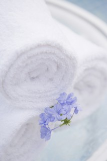 Spa towels and tropical flower. Photographe : mark edward atkinson