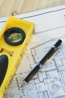 Close up of blueprint and tools. Photographe : Daniel Grill