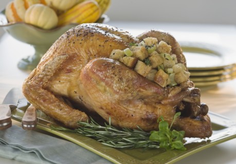 Thanksgiving turkey on table.