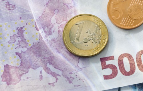 Euro coins and paper currency.