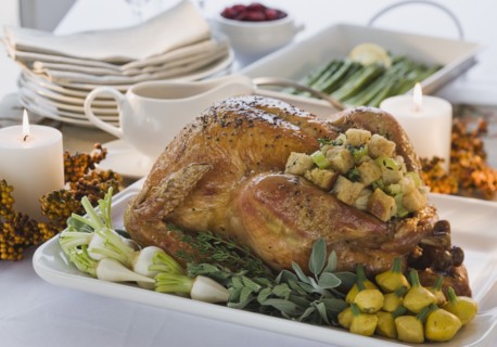 Thanksgiving dinner on table.