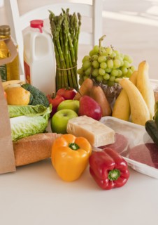 Paper bag filled with groceries.