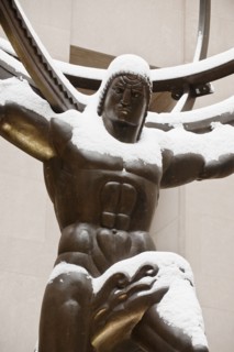 Statue of Atlas at Rockefeller Center in winter, Manhattan, New York City, New York, USA.