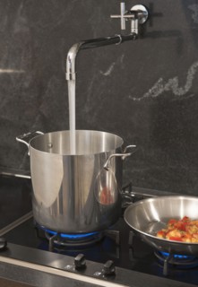 Water pouring from tap into pot.