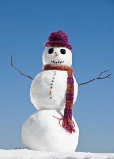 Snowman wearing hat and scarf, clear sky in background.
