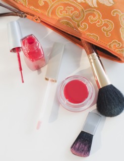 A make up bag with assorted make up