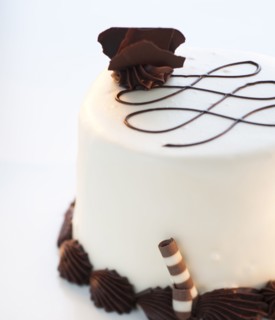 A chocolate and vanilla cake.
