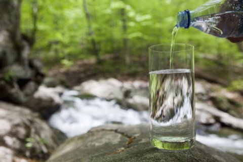 Bottled water being poured into a glass in the woods