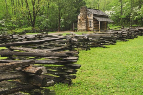 A fence and cabin in Smoky Mountain National Park.