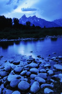 Scenic view of lake and mountains.
