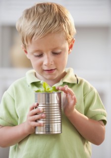 Child examining plant.