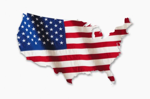 American flag in shape of United States.
