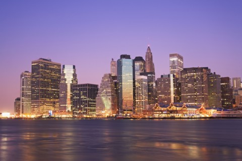 Illuminated waterfront office buildings
