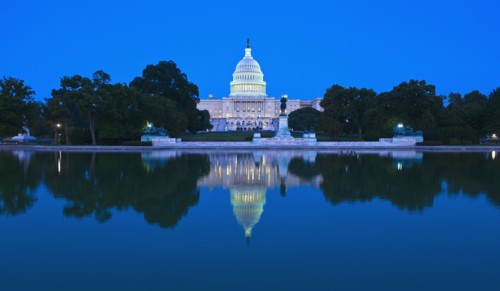 Capitol building at dusk.