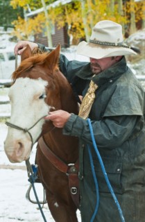 Man putting bridle on horse.