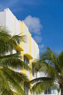 Palm trees and art deco building.