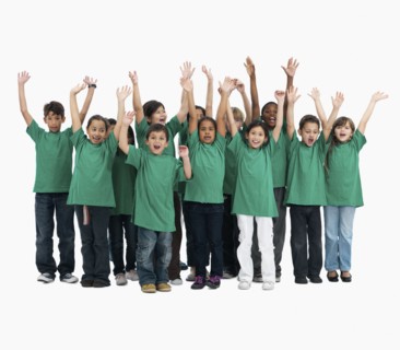 Group of children with their arms raised. Photographer: momentimages