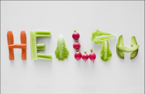Vegetables spelling the word health. Photographer: Mike Kemp