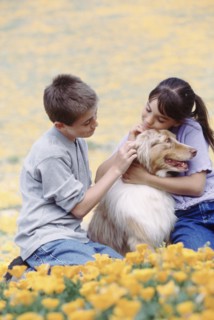 Children with dog in meadow. Photographer: Rob Lewine