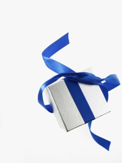 Gift and blue ribbon. Photographer: David Arky