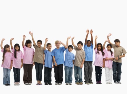Children raising their hands. Photographer: momentimages