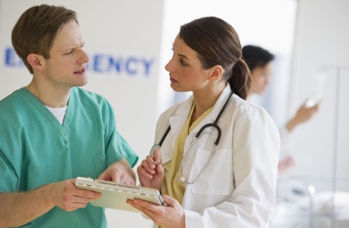 Healthcare workers talking.