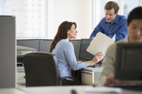 Office workers in cubicles.