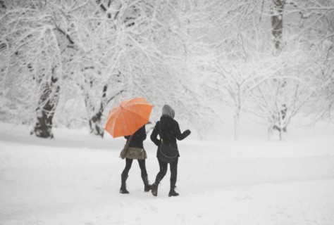 Two girls walking through snowy park. Photographe : fotog