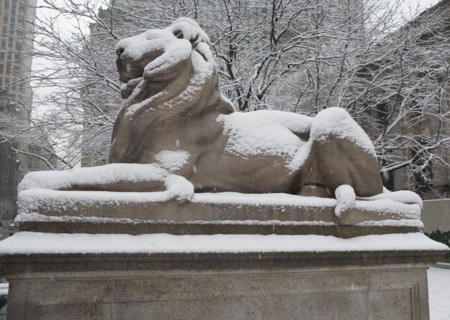 Lion sculpture covered in snow. Photographe : fotog