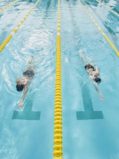 Women swimming laps in pool.