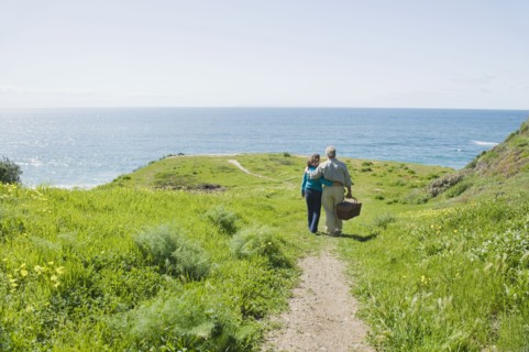 Couple carrying picnic basket to the beach.