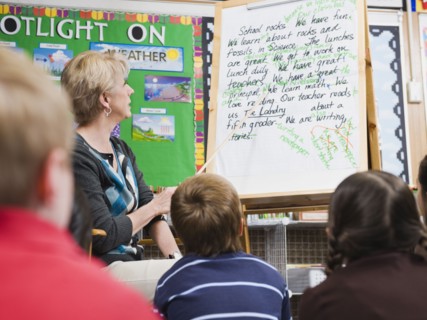 Teacher giving classroom presentation to students.
