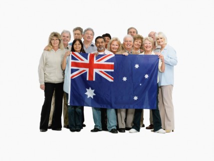 Group of people holding an Australian flag. Photo : momentimages