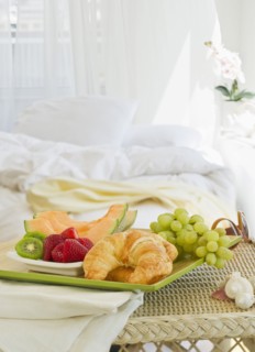 Breakfast tray in bedroom.