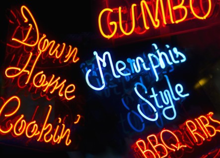 Illuminated signs on Beale Street in Memphis.
