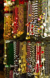 Mardi grass beads on display in a store in New Orleans.