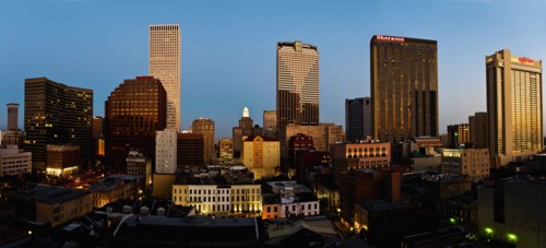 New Orleans skyline at night.