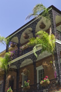 Ornate balconies on building in New Orleans.