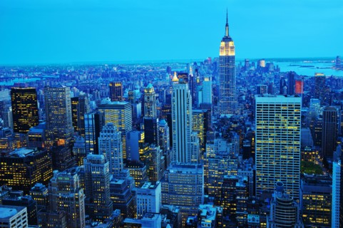 New York City skyline at sunset.