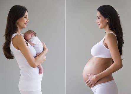 Before and after picture of pregnant woman.