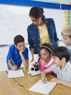 Teacher and elementary students looking at microscope.