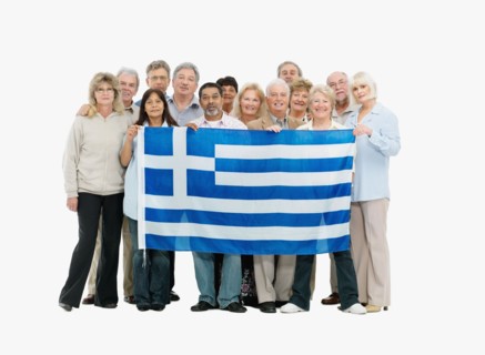 Group of people holding the flag of Greece. Photo : momentimages