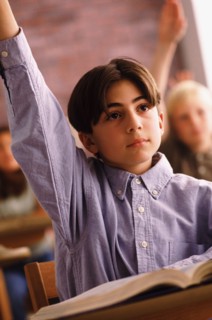 Elementary school student raising his hand in classroom. Photo : Rob Lewine