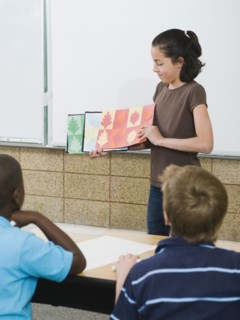 Elementary student giving class presentation.