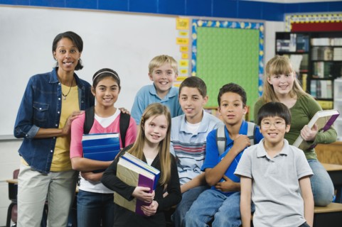 Group of elementary school students in classroom.